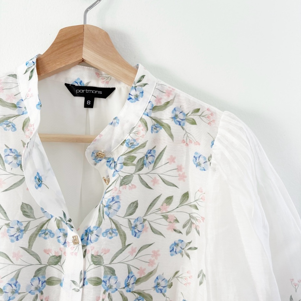Portmans || Floral Puff Sleeve‎ Sheer Blouse White